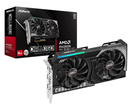 Asrock AMD Radeon RX 9060 XT Challenger 16GB OC graphics card front view – high-performance gaming GPU with triple fan cooling