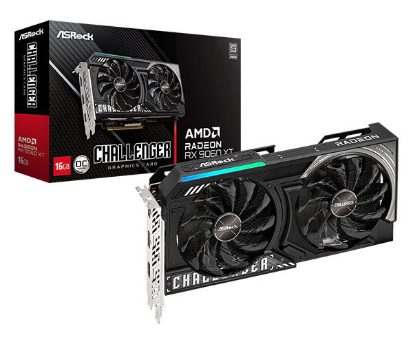 Asrock AMD Radeon RX 9060 XT Challenger 16GB OC graphics card front view – high-performance gaming GPU with triple fan cooling